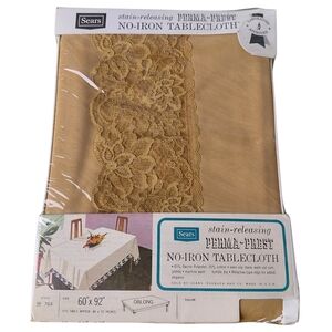 Vintage Sears Perma-Prest No Iron Gold Oblong Tablecloth Lace Details 60x92